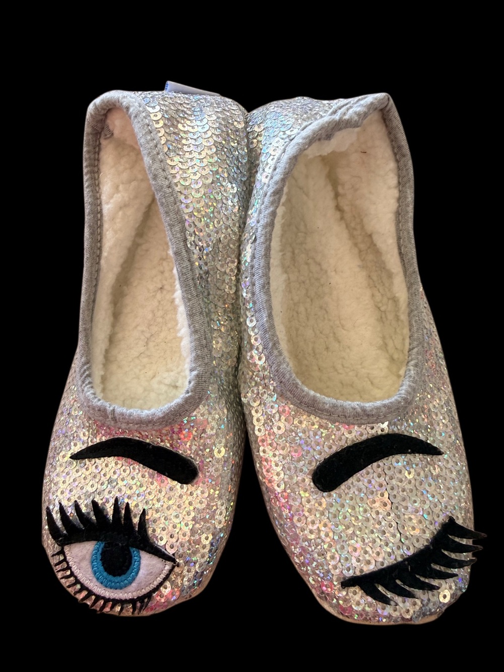 Sequin Eye Wink Cozy Slippers - Silver Sequins-Sz S